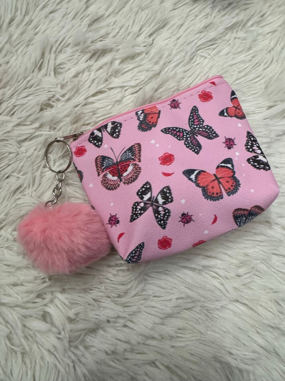 Pink butterfly Pompom keychain coin purse black and red butterflies and ladybugs